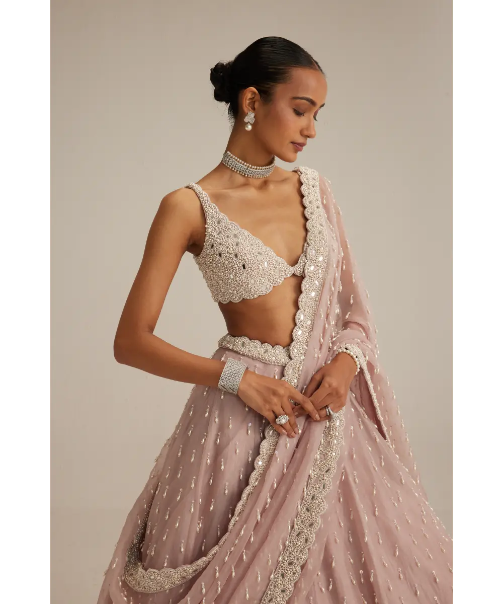 VVANI VATS- Ash Pink Pearl Drop Organza Lehenga Set